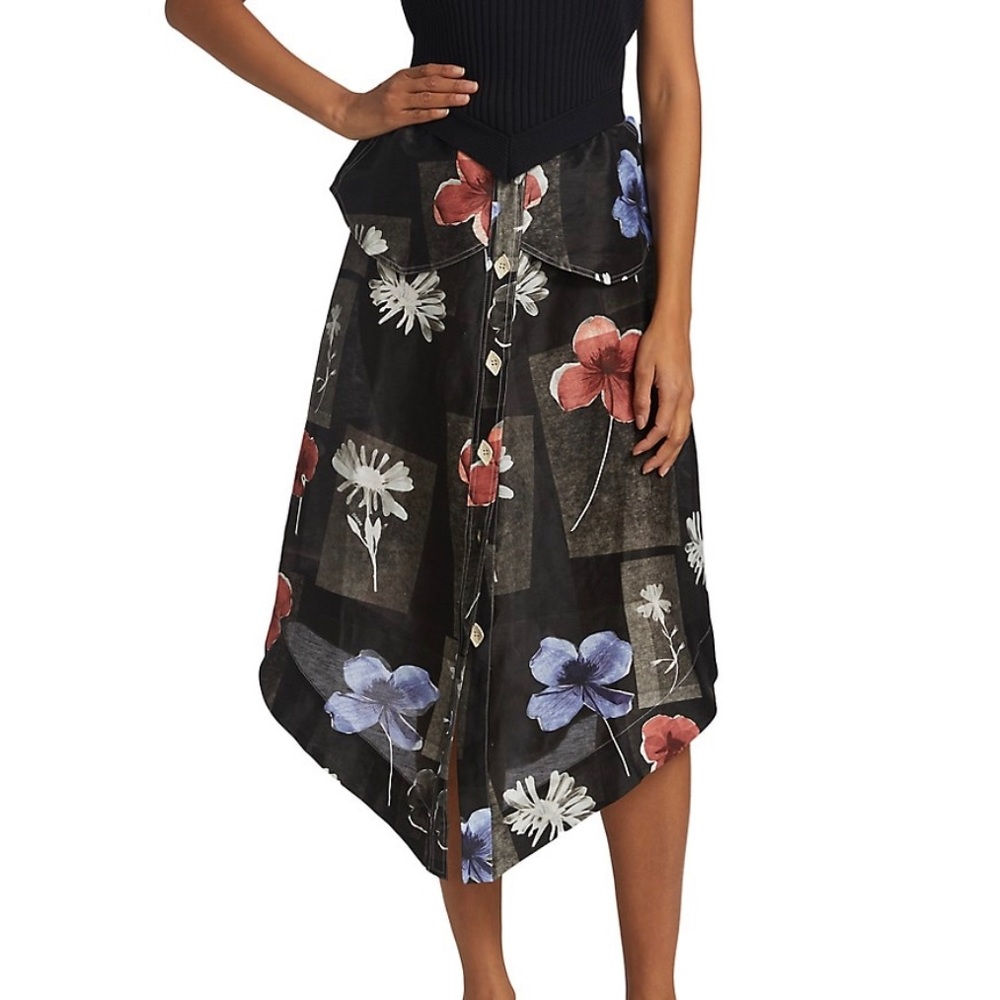 GANNI Black Floral-Print Silk & Linen Skirt